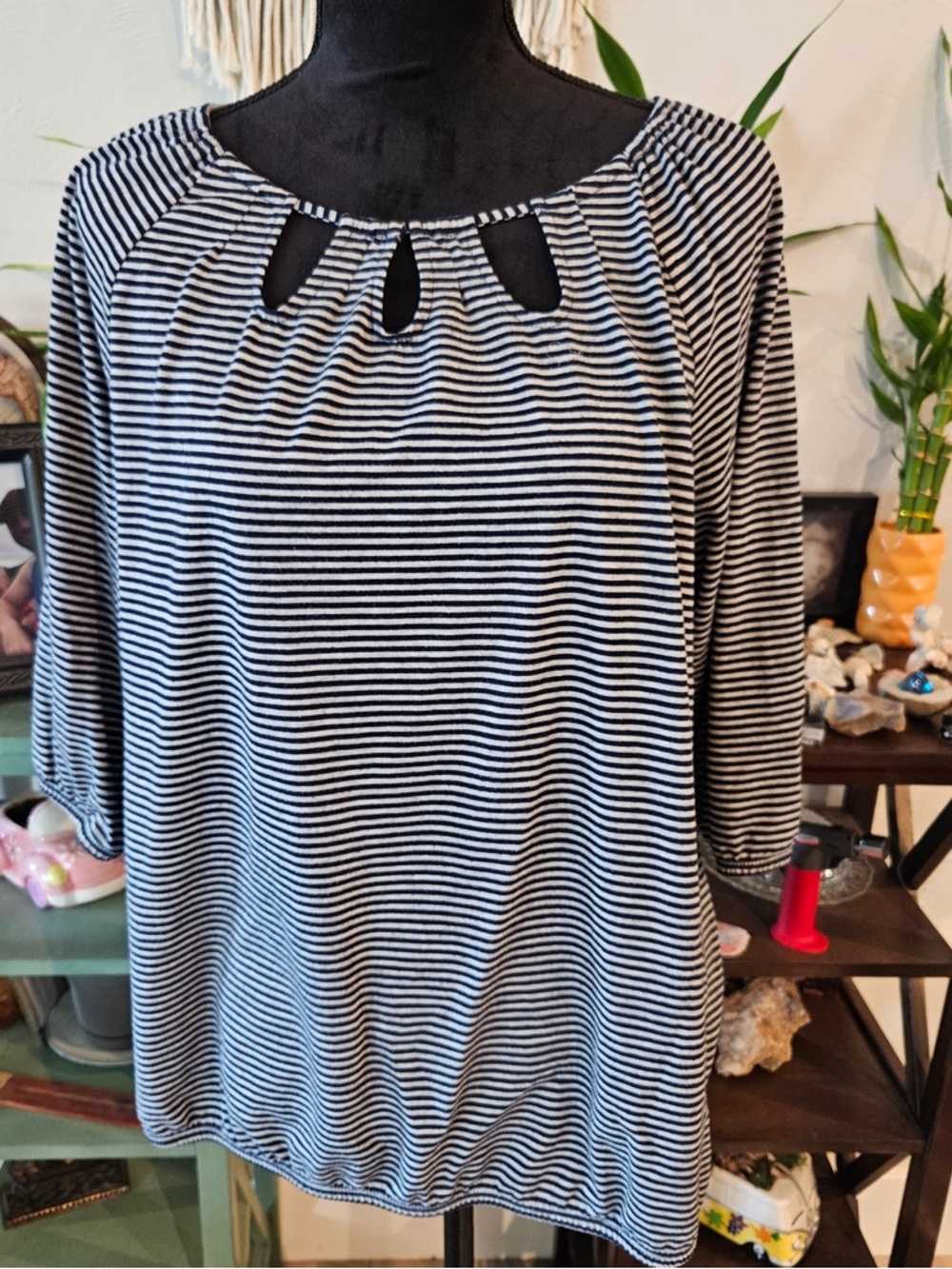Faded Glory Navy and Gray Striped Keyhole Scoop Neck Blouse